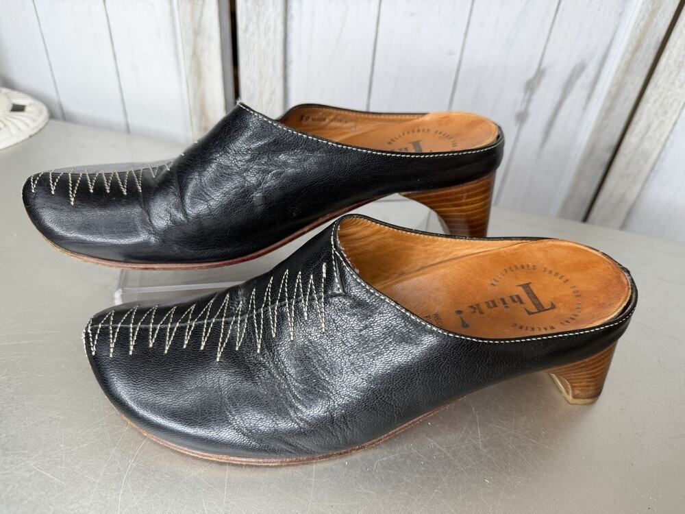 Think! Women's Black Leather Slide Mule Heels Stitch Accent Size 39 US 8-8.5